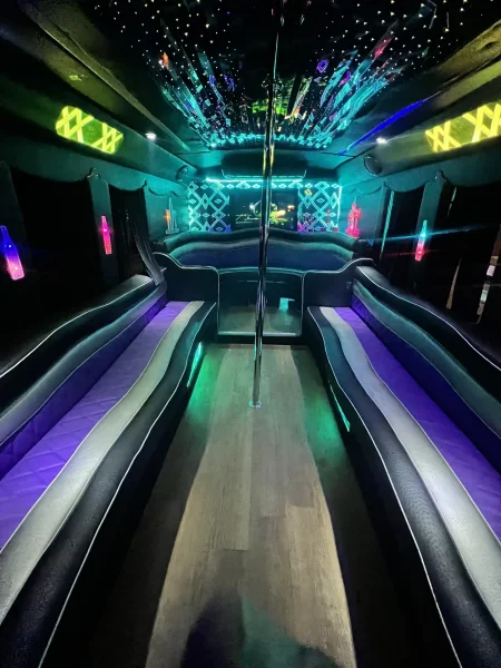 Party Bus - Starlight ceiling over the dance floor and purple seating - Dallas VIP Transportation