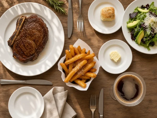 Overhead view of a steak dinner, truffle fries and salad at The Capital Grille