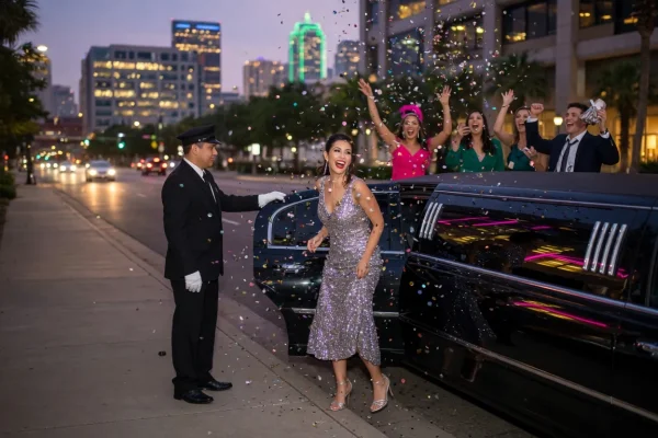 Birthday Party - Guest of honor stepping out of a stretch limousine to cheers and confetti - DallasVIP