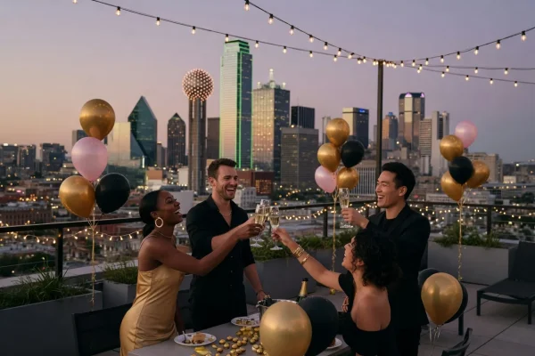 Birthday Party - Champagne toast on a rooftop with the Dallas skyline at dusk - DallasVIP