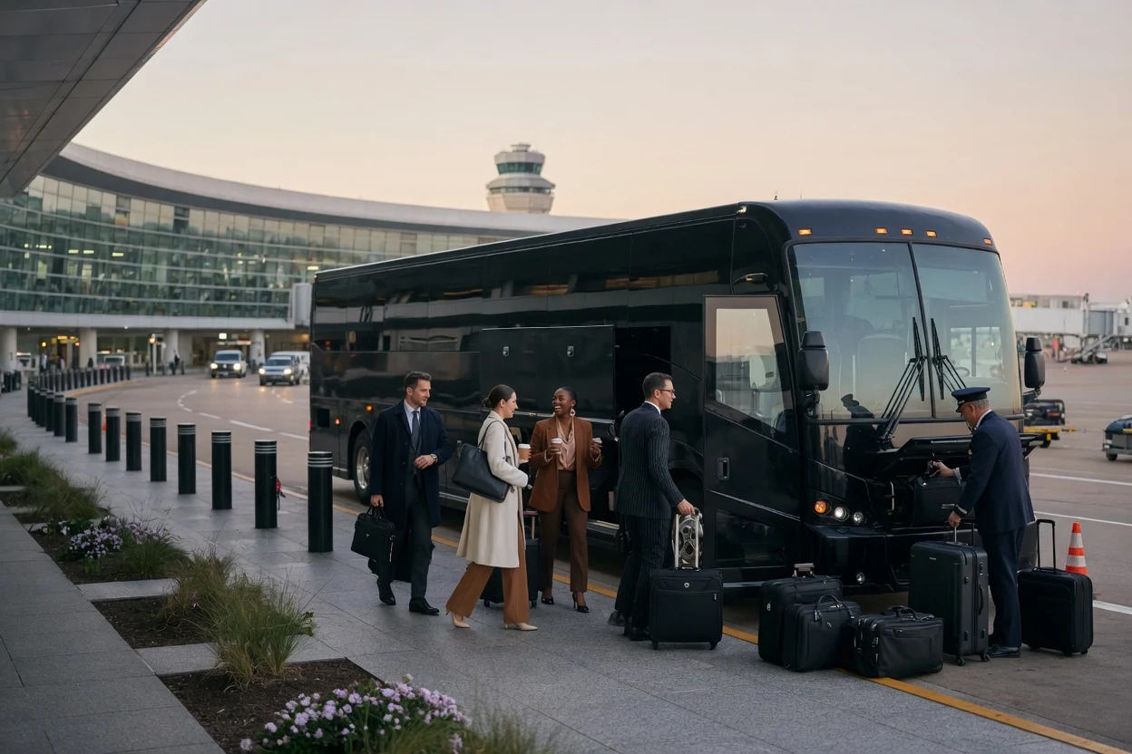 Corporate Events - Team boarding a black executive motor coach at the airport curb - DallasVIP