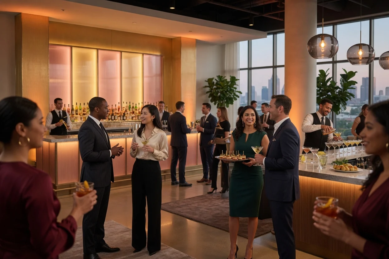 Corporate Events - Evening networking reception at a backlit cocktail bar - DallasVIP