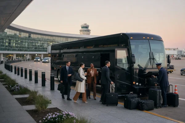 Corporate Events - Team boarding a black executive motor coach at the airport curb - DallasVIP