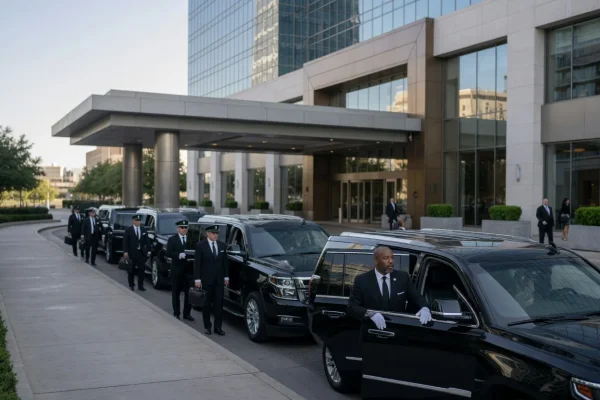 Corporate Events - Fleet of black SUVs with chauffeurs at a downtown Dallas hotel entrance - DallasVIP