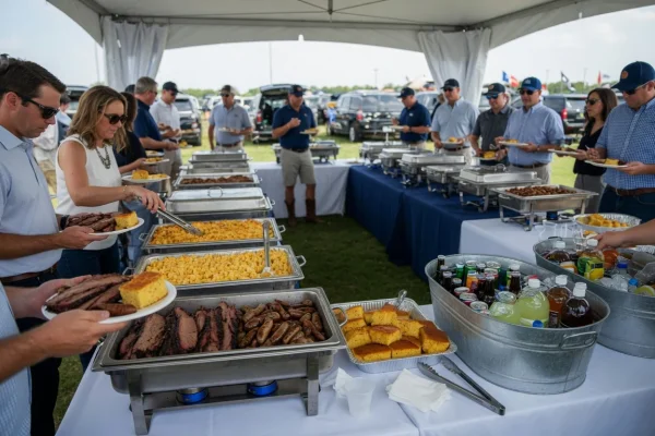 Ultimate Tailgate - Catered buffet of smoked brisket, mac and cheese and cornbread under the tent - DallasVIP