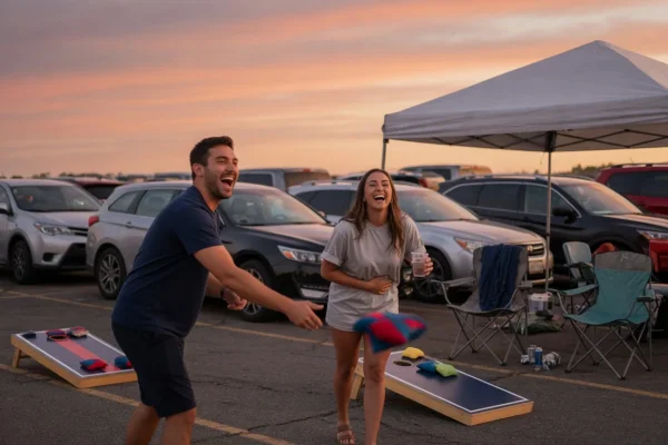 Ultimate Tailgate - Friends laughing over a game of cornhole at sunset - DallasVIP
