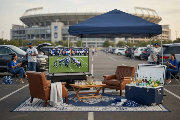 Ultimate Tailgate - Canopy lounge with leather chairs, rug and big screen in the stadium lot - DallasVIP