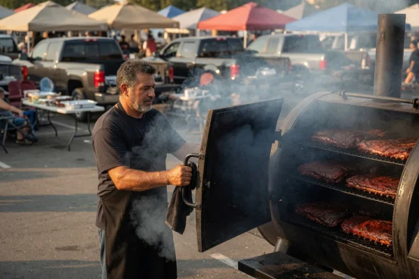 Ultimate Tailgate - Pitmaster opening an offset smoker full of brisket and ribs - DallasVIP