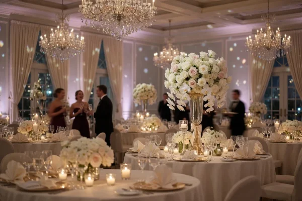 Weddings - Chandelier-lit reception ballroom with ivory linens and white rose centerpieces - DallasVIP