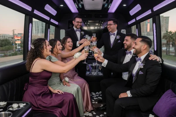 Weddings - Wedding party raising champagne inside a luxury party bus - DallasVIP