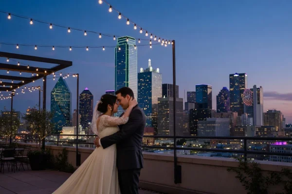 Weddings - Newlyweds on a rooftop terrace with the Dallas skyline at blue hour - DallasVIP
