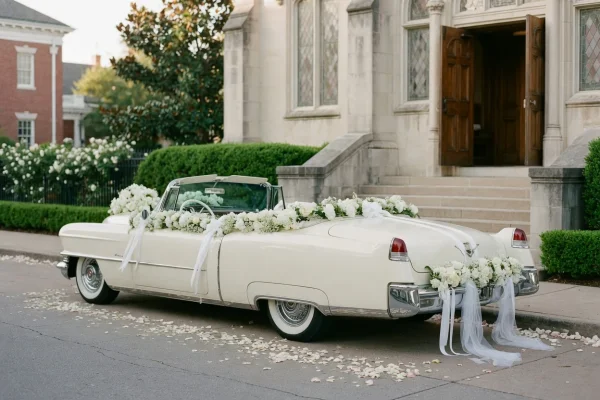 Weddings - Vintage convertible dressed in white florals outside the chapel - DallasVIP