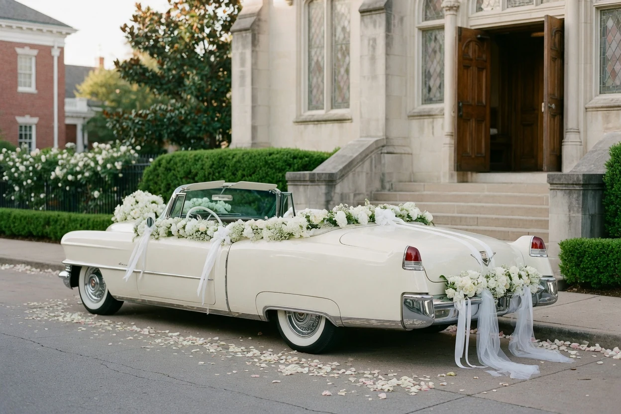 Weddings - Vintage convertible dressed in white florals outside the chapel - DallasVIP