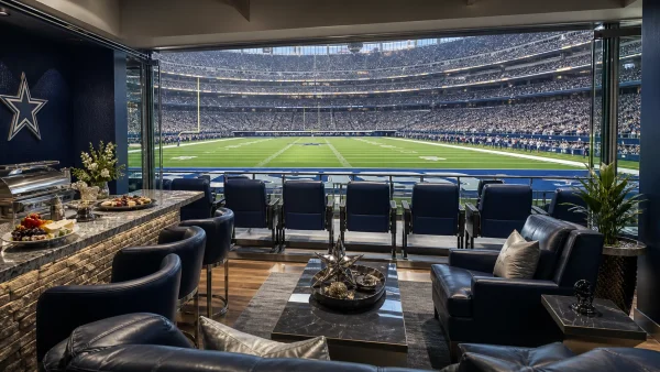 Touchdown suite lounge overlooking the end zone at AT&T Stadium