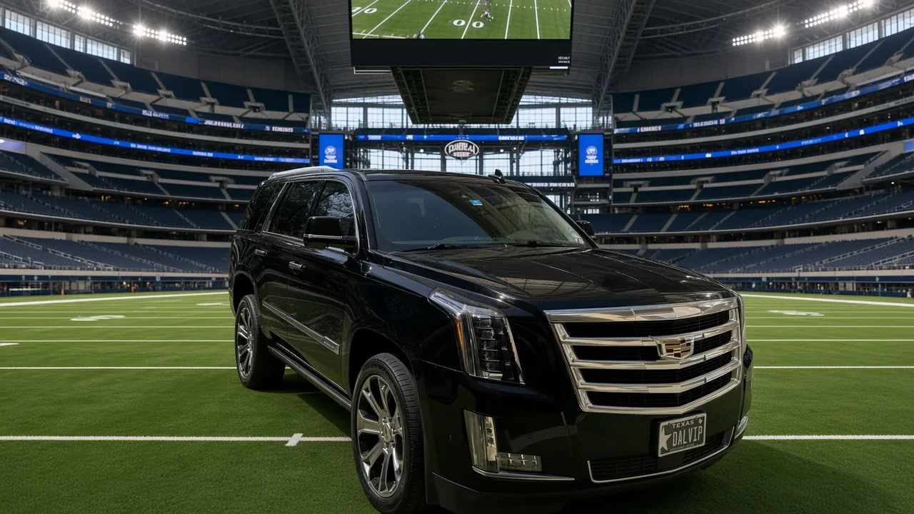 A black Cadillac Escalade with Dallas VIP plates parked on the field inside AT&T Stadium