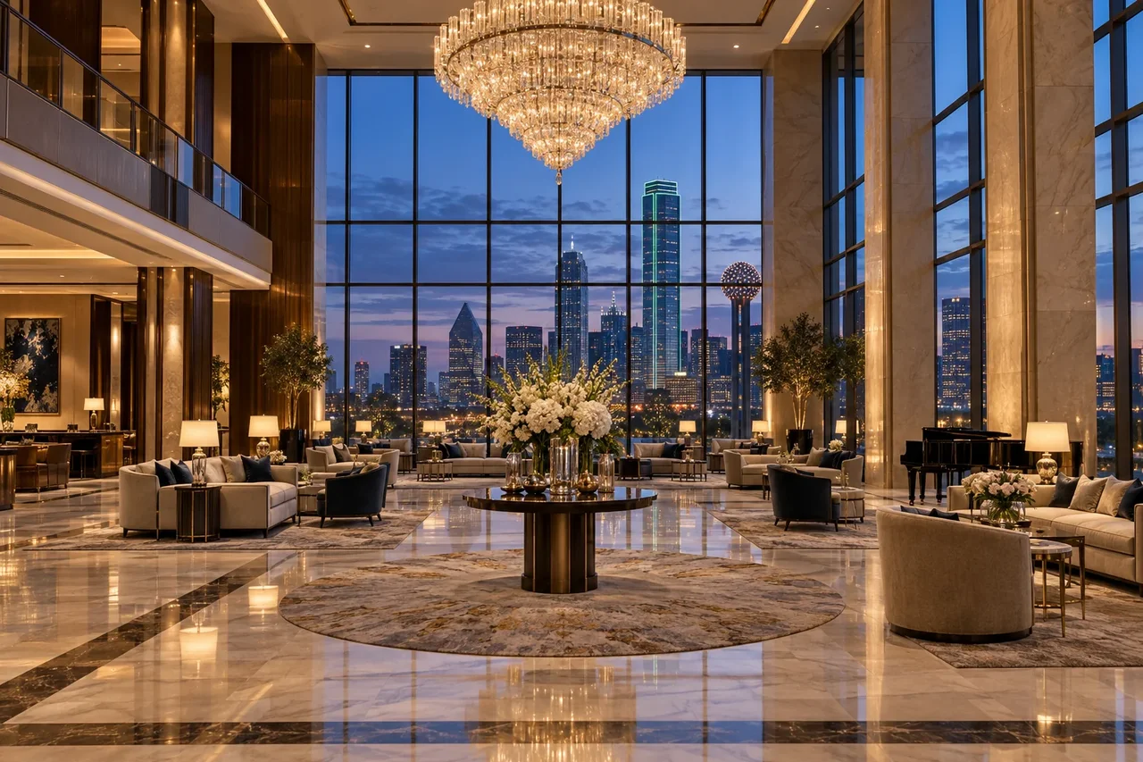 A five-star hotel lobby with a crystal chandelier looking out over the Dallas skyline at dusk